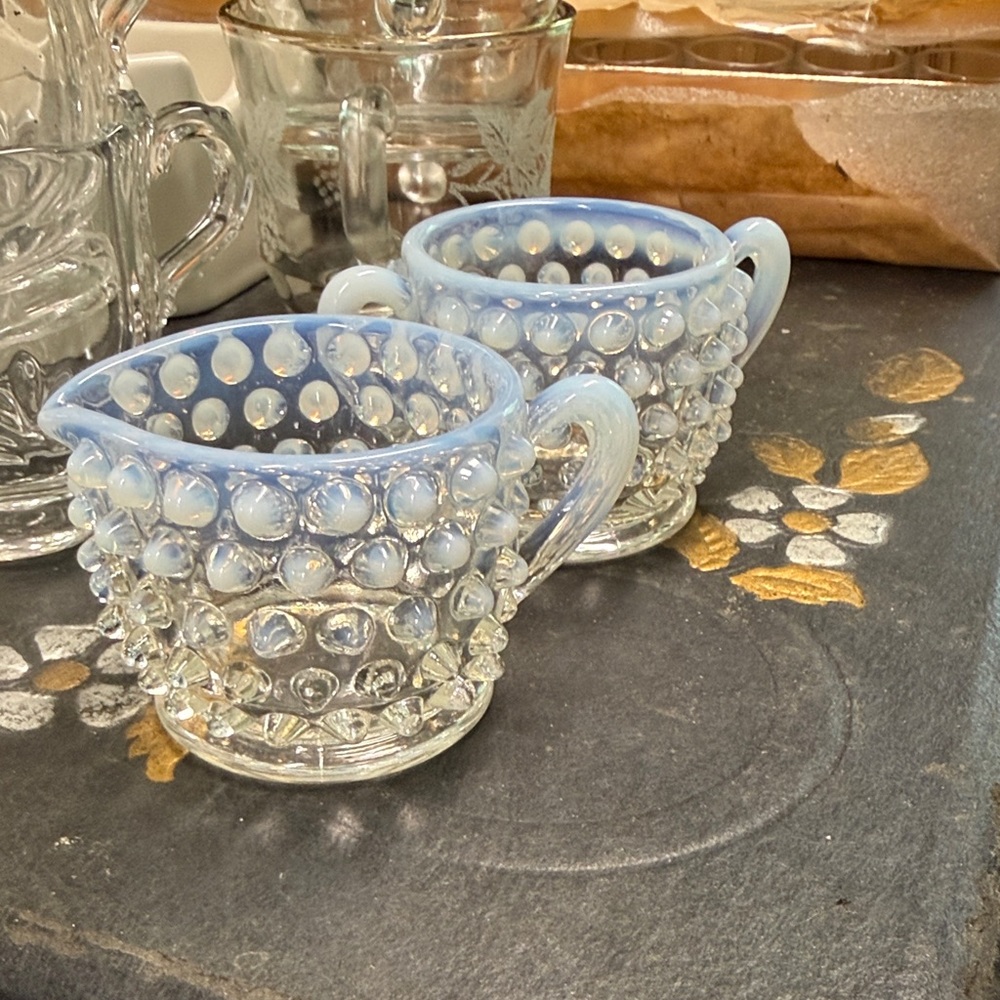 Hobnail Blue Opalescent Glass Creamer and Sugar Set